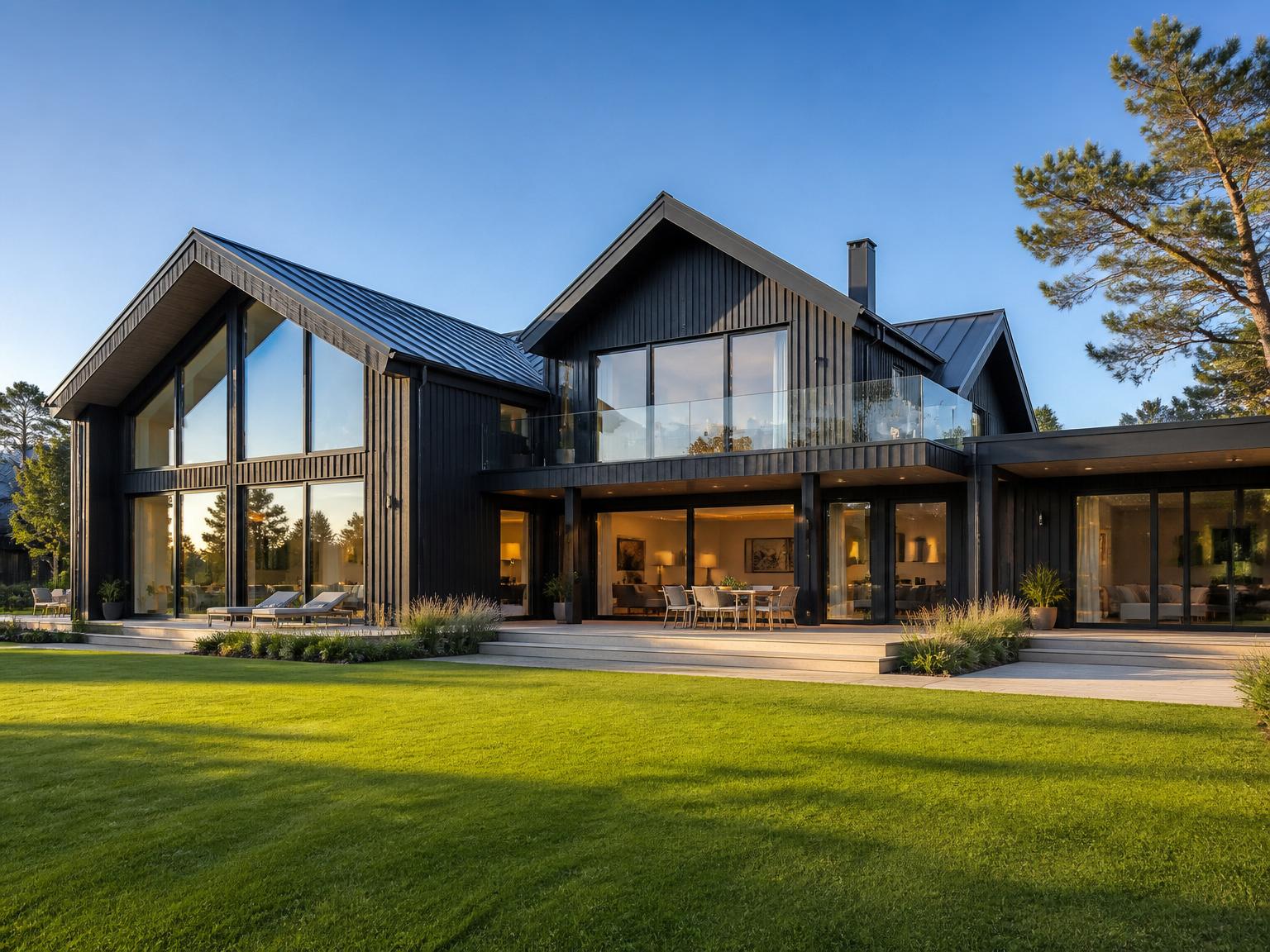 Modern svensk villa i kvällsljus